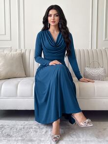 Feyla Women's Solid Color Long Sleeve Draped Neck Fitted Ruffle Hem Dress - Blue - View 4