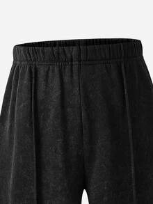 SHEIN 青少年女孩運動衫套裝，復古做舊印花 2 件套，圓領長袖小馬印花短版運動衫與寬鬆長褲休閒套裝 - 黑色 - 查看 7