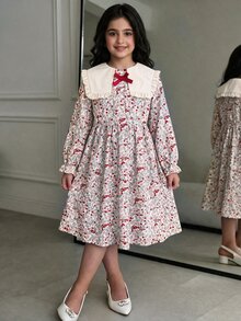 Tween女孩秋冬休閒度假甜美風大領口荷葉邊拼接檸檬格紋印花抓皺泡泡袖長洋裝，棕色蝴蝶結裝飾無袖芭蕾舞裙洋裝 - 黃色 - 查看 5