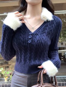 DAZY Women's Colorblock Patchwork Short Casual Pullover Sweater - Navy Blue - View 3
