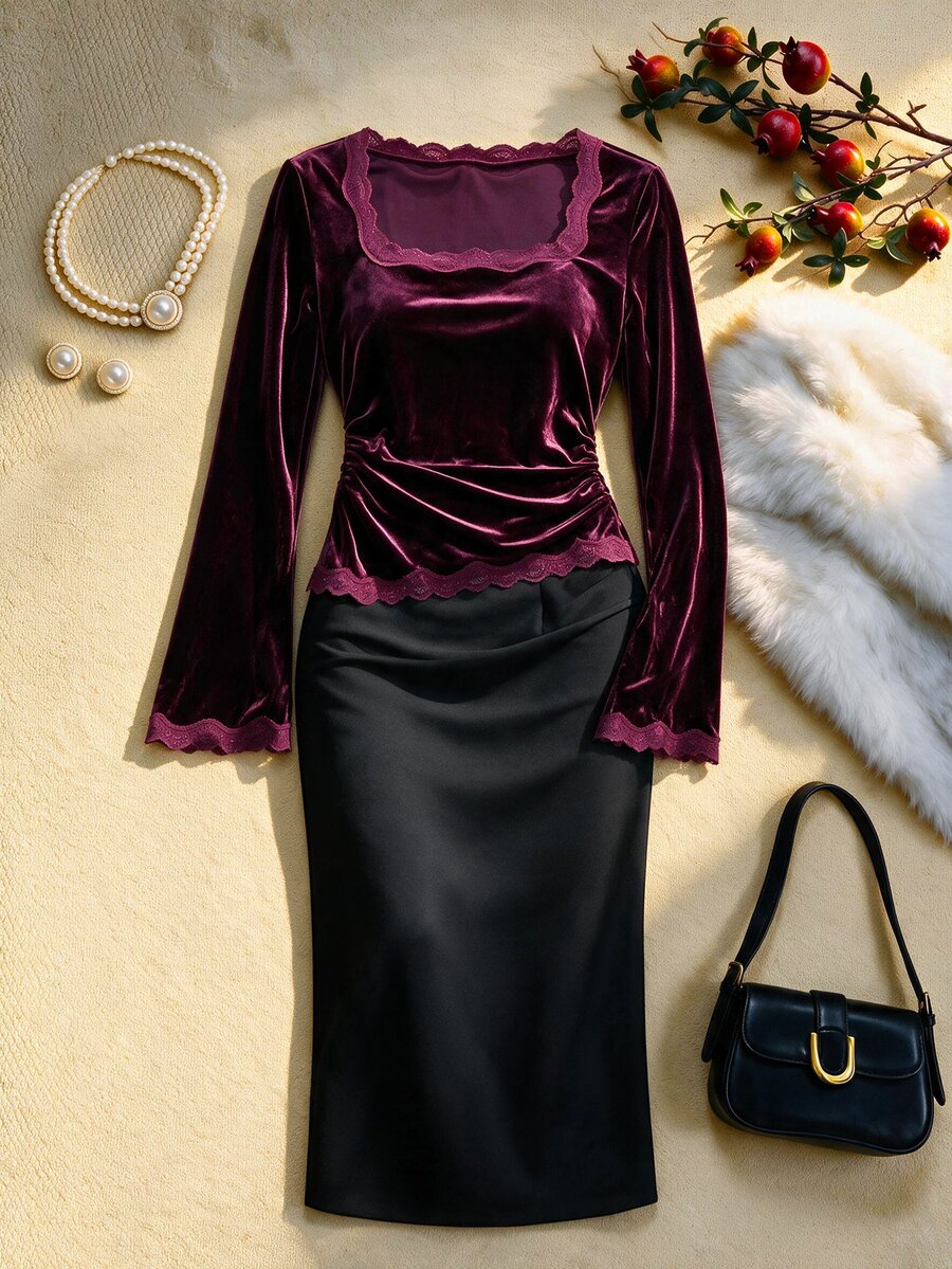EastFlair Blus Elegan Berbahan Renda Patchwork Ukuran Plus - Burgundy - View 1