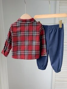 SHEIN 2件組嬰兒男童/女童套裝，秋冬拼色貼袋翻領長袖鈕扣格紋襯衫搭配鬆緊腰長褲，百搭舒適，適合聖誕節 - 彩色 - 查看 2