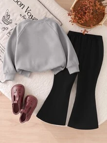 SHEIN Playful Pals 嬰兒女童棕色羅紋長袖開襟外套，大花裝飾，純色喇叭褲兩件套，春秋休閒日常慵懶風套裝衣物 - 灰色 - 查看 2