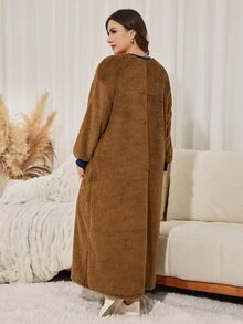 Lacomfia Casual Minimalist Letter Embroidered Crew Neck Drop Shoulder Long Sleeve Loose Regular Fit Plus Size Sweatshirt, Autumn/Winter - Brown - View 2