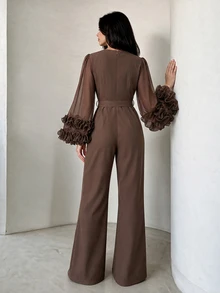 Modelyn Autumn/Winter Elegant Fashion V-Neck Cross Ruffle Long Sleeve Jumpsuit With Bow Waist Belt And Draped Wide Leg Pants For Women - Coffee Brown - View 2