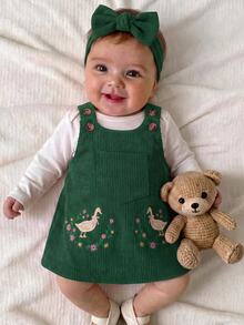 SHEIN Newborn Baby Girl Cute Red Casual Cartoon Embroidered Pattern Autumn Winter Dress - Green - View 1