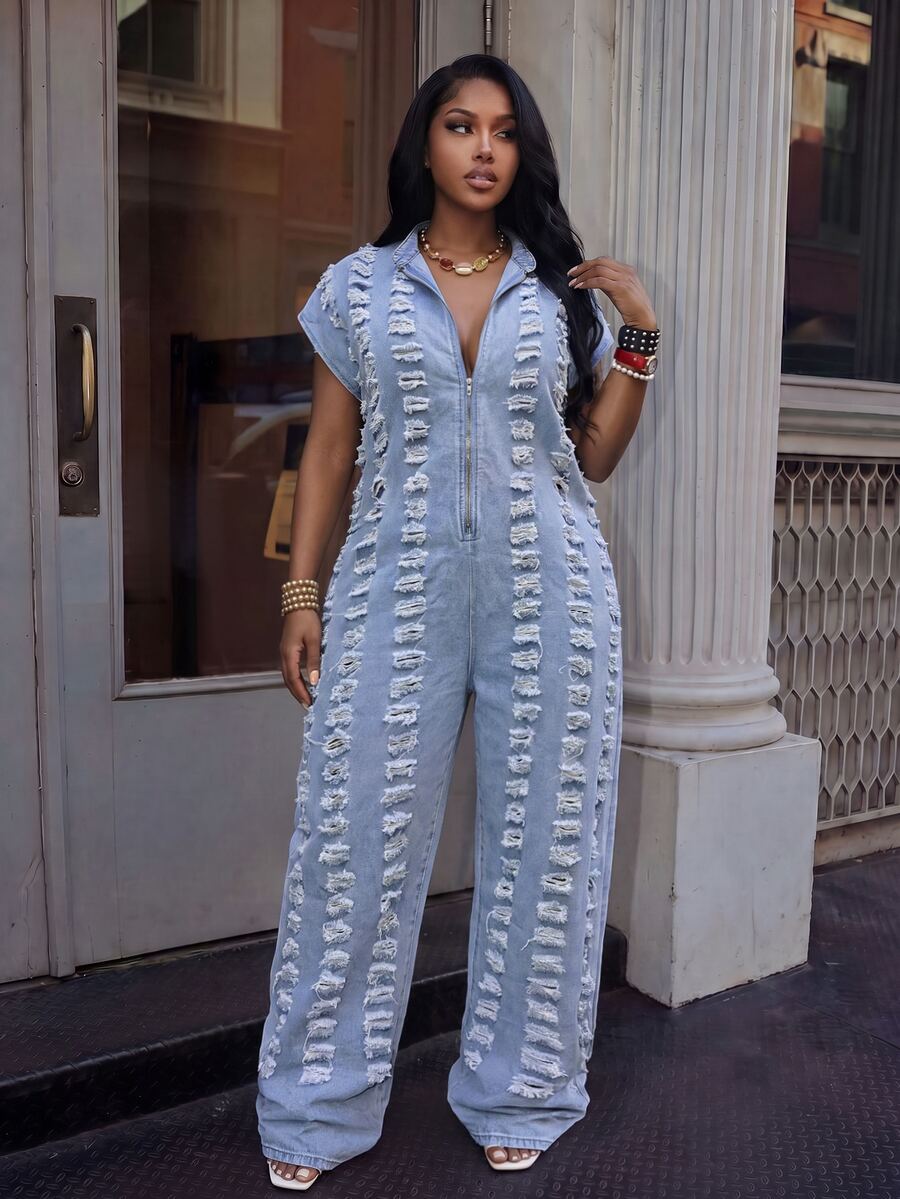 Slaydiva Plus Size Collared Zipper Short Sleeve Distressed Raw Hem Denim Jumpsuit - Blue - View 1