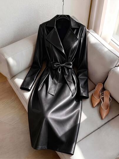 Velvienne Autumn/Winter Black Plus Size Women's PU Dress, Long Sleeve Blazer Collar V-Neck Tie Cinched Waist Dress, European And American Style Commuter Plus Size Dress