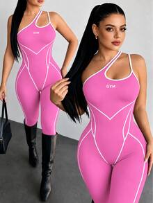 SHEIN Core Rhythm 女款鏤空設計健身性感運動連身褲 不對稱領口 秋季 - 粉色 - 查看 5