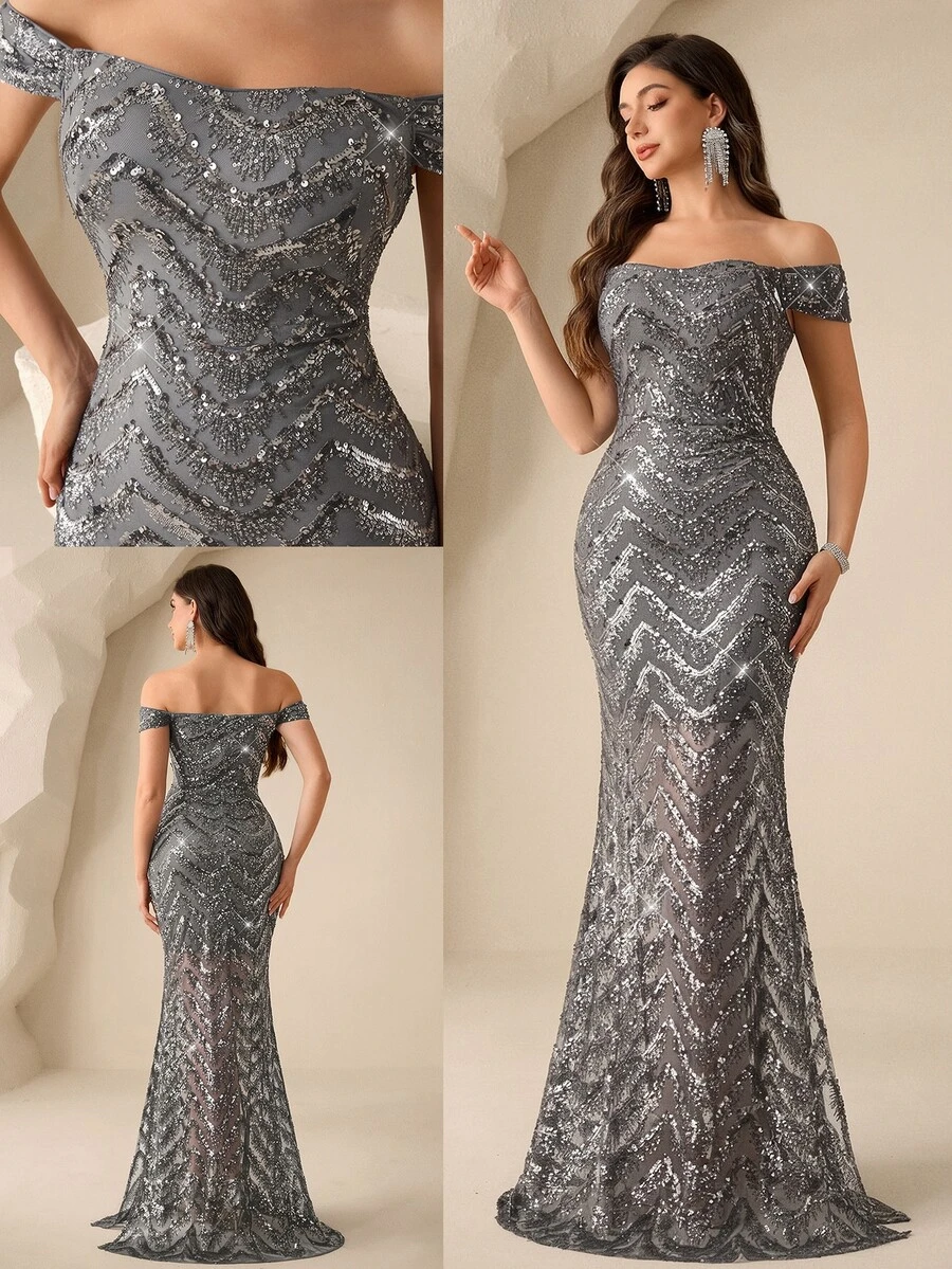 Coutiva Sequin Off-Shoulder Slit Elegant Evening Gown - Grey - View 1