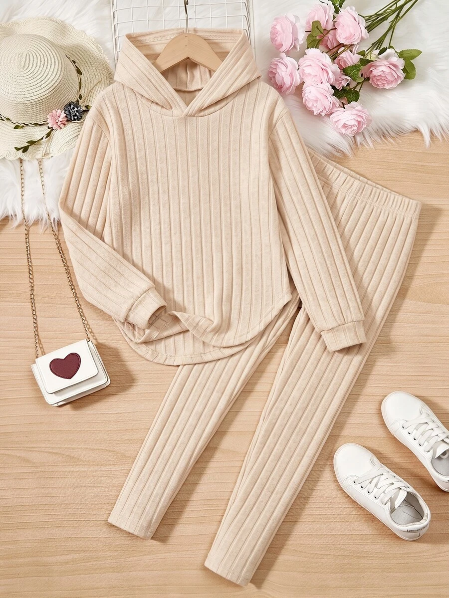 SHEIN Sparklyn 青少年女孩秋季套裝 2件/組 圓領羅紋連帽上衣（不對稱下擺）搭配內搭褲，秋季休閒穿搭 - 杏色 - 查看 1