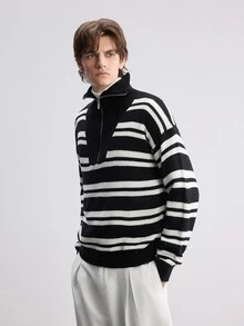 RONVEXI 男士時尚條紋拼接配色半開襟拉鍊毛衣 - 黑與白 - 查看 4