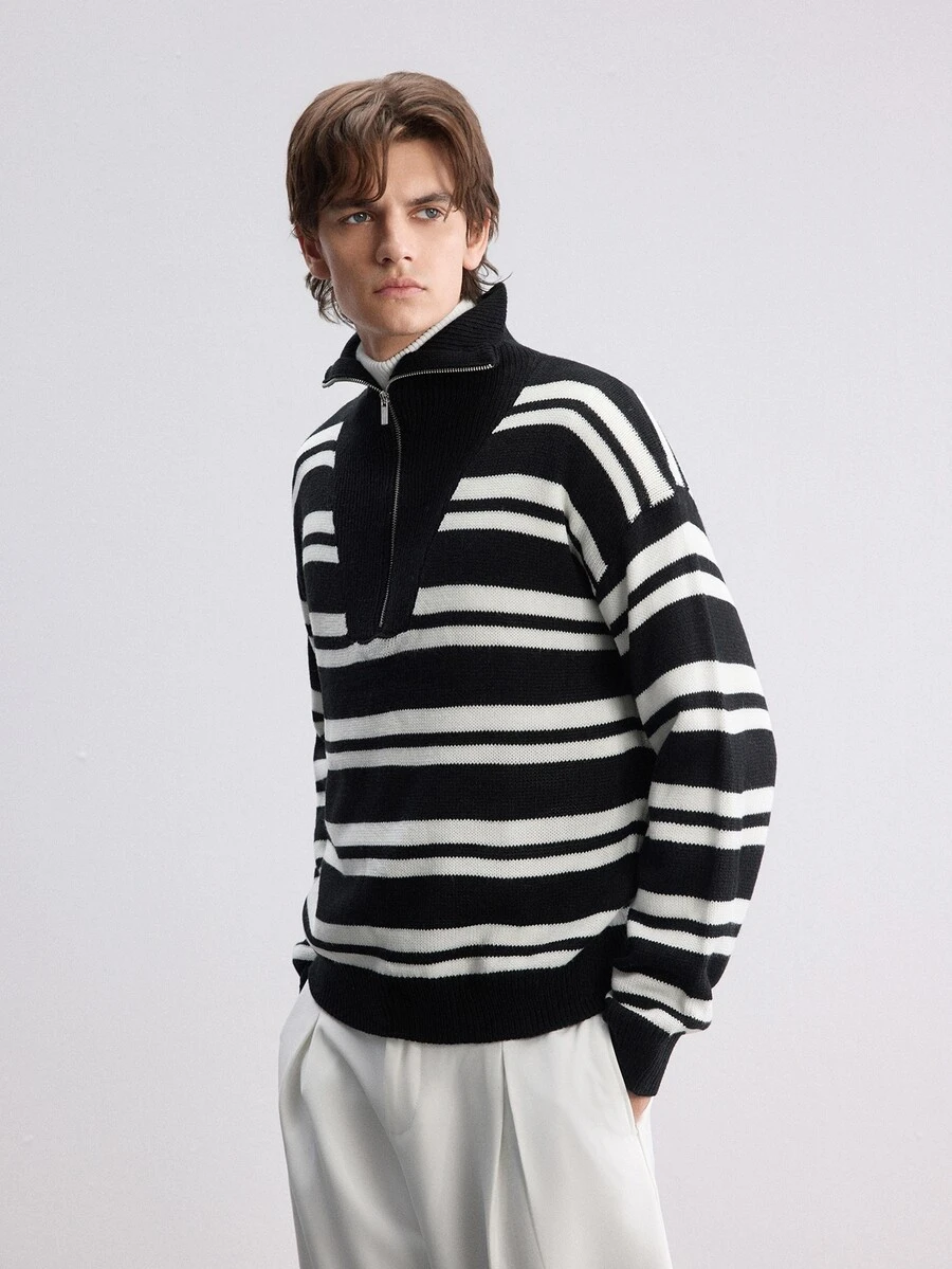 RONVEXI Men's Fashion Striped Colorblock Zip Half-Placket Sweater - Black and White - View 1