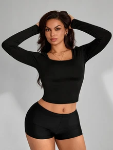Slayform Slayform Women's Minimalist Lace Patchwork Long Sleeve Sports T-Shirt - Black - View 3