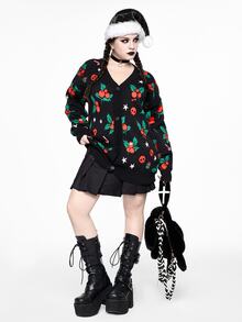 ROMWE Plus Size Women Gothic Style Christmas Skull, Cherry, Gift Box, Candy Cane, Star Pattern Loose Casual Cardigan Sweater - Black - View 7