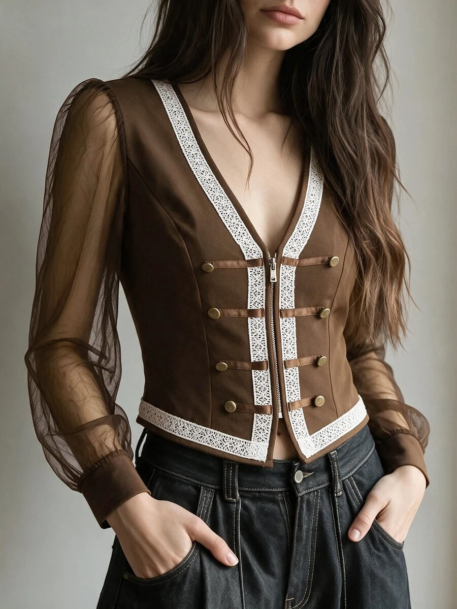 LUMIGAL Women's Colorblock Mesh Patchwork Casual Daily Outerwear - Coffee Brown - View 1