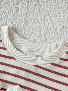 SHEIN Souflis طقم بلوزة وبنطلون للبنات الصغيرات من قطعتين، لون كريمي حلو مع خطوط عنابية وزهور ثلاثية الأبعاد، أكمام طويلة وياقة دائرية، قصة عادية، مريح ودافئ للخريف والعطلات، ستايل أميرة، تريكو مضلع - وردي - مشاهدة 4