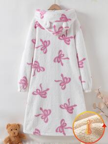 Jubah Berkerudung Mewah Musim Gugur/Dingin untuk Remaja Perempuan, Desain Tudung Telinga yang Lucu, Motif Pita Kartun, Gaya Perempuan Penuh, Jubah Santai Panjang Mewah yang Nyaman untuk di Rumah, Pakaian Sehari-hari Santai, Tidur Siang, Kamar Mandi, Serbaguna, Pakaian Luar Rumah Gaya Perempuan Lembut yang Serbaguna - Putih - View 3