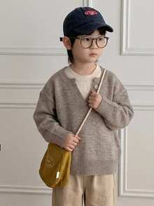 Dazy Kids Young Boys Dual-Color V-Neck Sweater Casual Fashion Creative Personalized Fresh - Khaki - View 8