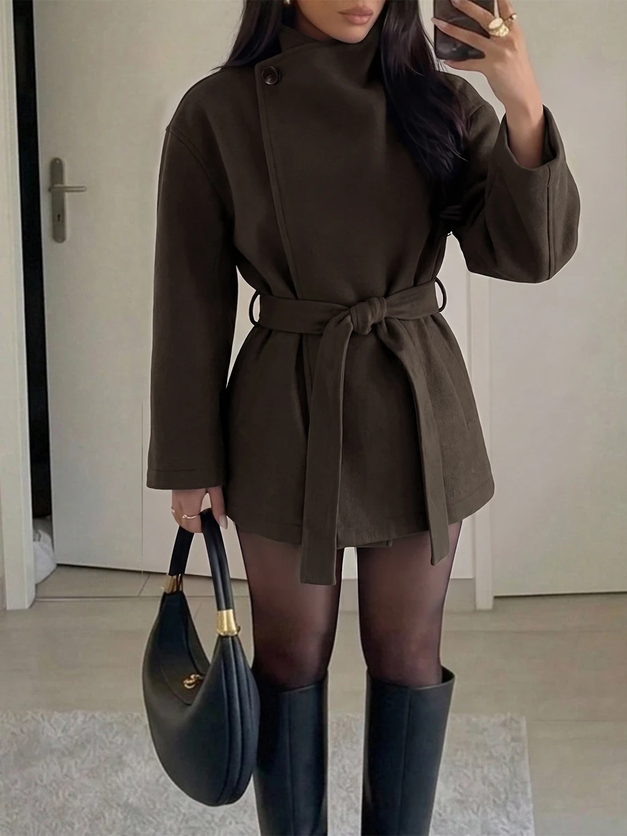 Aloruh Minimalist Commuter Versatile Plum Purple Lace-Up Stand Collar 2-In-1 Fitted Waist Long Sleeve Short Overcoat For Women - Coffee Brown - View 1