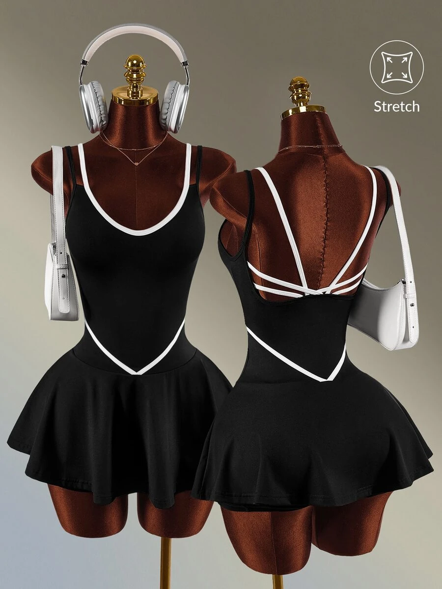 Amplova Women's Colorblock Patchwork Fashion Minimalist Sports Dress Tennis Daily Fashion Workout Gym Going Out Casual Sexy Black Backless Fitness Outdoor - Black and White - View 1