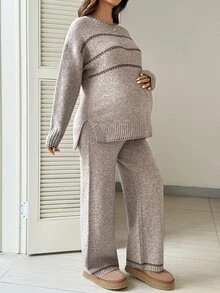 SHEIN Maternity Crew Neck Sweater & Pants Casual Fashion Set - Khaki - View 7