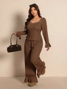 Elaquor Plus Size Women Solid Color Long Sleeve Ruffle Lace Top And Pants 2 Pieces Set - Mocha Brown - View 1