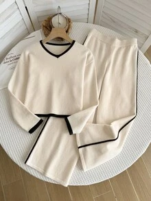 Girls' Autumn/Winter Fashion Heart Pattern Jacquard Knit Sweater Long Sleeve Top & Long Pants Set - Beige - View 4