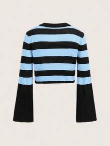 SHEIN EZwear 條紋復古風喇叭袖針織衫 秋冬款 - 彩色 - 查看 2