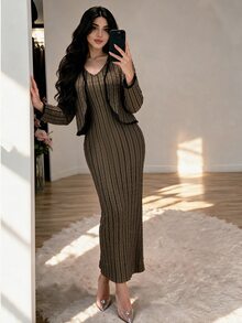 Modelyn طقم كاجوال نسائي من كارديجان وفستان بتصميم كتل لونية - لون مشمشي - مشاهدة 6