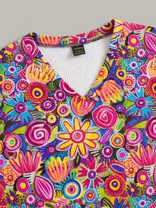 PopScrub Fun Abstract Floral Small Print Premium Women's Scrub Uniform Top - Multicolor - View 5