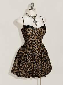 SHEIN ICON Women's Plus Size Leopard Print Contrast Lace Cami Dress - Brown - View 5