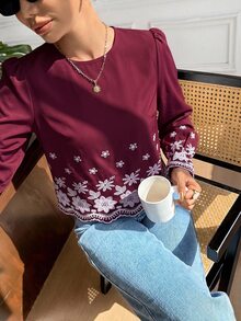 Serisse 女款度假休閒花卉刺繡襯衫 冬春假期度假風 優雅酒紅/紅酒色 - 中紫紅色 - 查看 7