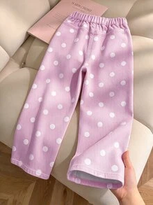 SHEIN Genkimix Kids 女童牛仔長褲，四季皆宜，柔軟棉質，休閒時尚，百搭舒適，極簡甜美可愛，彈性腰頭，兩側蝴蝶結貼花設計，黑色波點與杏色印花布料，寬鬆直筒版型，杏色水洗軟牛仔，適合日常穿著與度假 - 彩色 - 查看 2