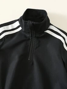 SHEIN 2件組嬰兒男童女童休閒學院風秋冬拼接織帶百搭舒適圓領長袖套頭上衣＋鬆緊腰長褲 - 黑色 - 查看 9