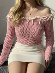 Dazy Plus Korean Style Bow Contrast Color Fitted Square Neck Long Sleeve Hollow Out Sexy Vacation Spring Autumn Thin Knit Sweater - Pink - View 1