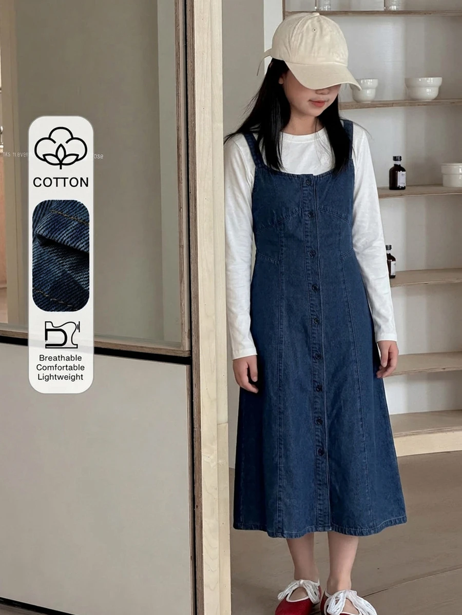 Dazy Kids 青少年女孩秋季服飾 青少年女孩牛仔吊帶裙 - 深色水洗藍 - 查看 1