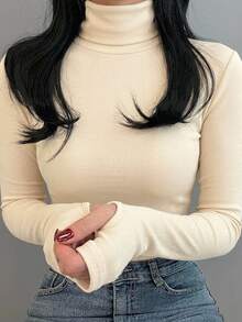 Dazy Plus Korean Style Autumn/Winter New High Neck Slim Fit Base Layer T-Shirt - Beige - View 1