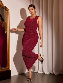 Cravure Plus Size Metallic Glitter Fabric Round Neck Sleeveless Dress Elegant For Outing Date Party Evening Event - Burgundy - View 1
