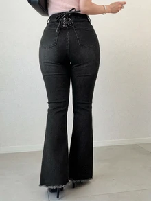 Dazy Plus Elastic Waist Tie Design Elegant Sexy Versatile Flare Jeans Spring Autumn New Style - Black - View 2