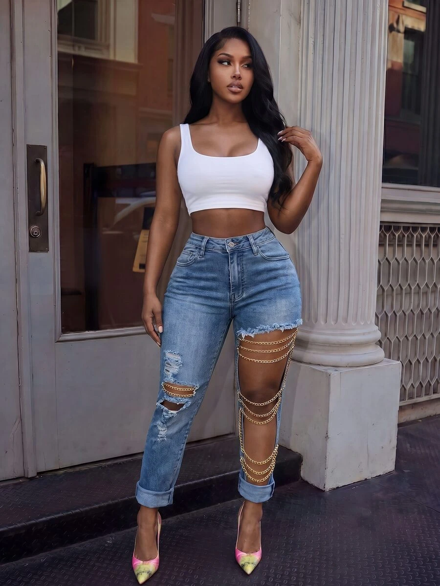 Slaydiva Quần jeans nữ túi cài nút, mài rách, gấu sờn - Màu xanh lam - Xem 1