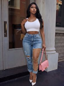 Slaydiva Quần jeans nữ túi cài nút, mài rách, gấu sờn - Màu xanh lam - Xem 5