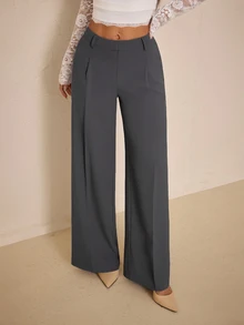 SHEIN PETITE Women's Solid Color Casual Daily Commute Travel Suit Pants - Light Grey - View 3