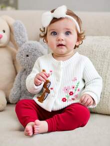 SHEIN Vintaside Kids 2件組女嬰針織開襟衫褲套裝，可愛甜美白色紅兔花朵刺繡羅紋針織長袖圓領，生日派對秋季公主舒適套裝 - 紅色 - 查看 4