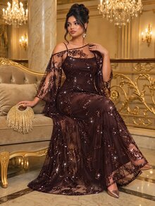 Roveilla Plus Size Woven Asymmetrical Shoulder Deep Brown Sequin Asymmetrical Ruched Casual Loose Party Dress For Commute And Multiple Occasions - Brown - View 1