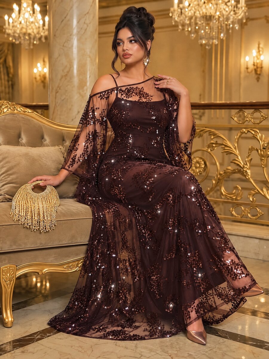 Roveilla Plus Size Woven Asymmetrical Shoulder Deep Brown Sequin Asymmetrical Ruched Casual Loose Party Dress For Commute And Multiple Occasions - Brown - View 1