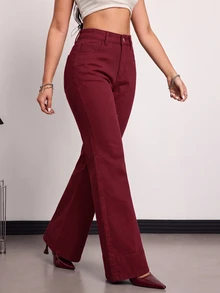 SHEIN Tall 女款高腰直筒寬鬆休閒百搭牛仔褲 - 酒紅色 - 查看 3