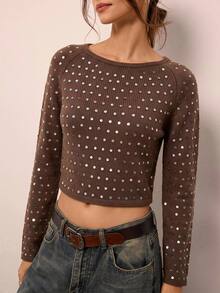 Freevana Women's Sequin Casual Versatile Daily Wear Long Sleeve Sweater - Grey - View 3