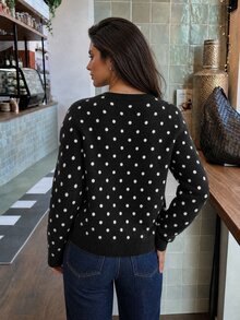 Dazy Plus Korean Style Casual Round Neck Polka Dot Colorblock Long Sleeve Cardigan Sweater - Black - View 2
