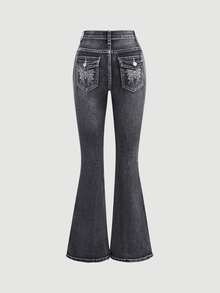 Girlism Teen Girl Waist Button Design Double Pocket Rhinestone Butterfly Decor Slim Fit Flared Jeans - Black - View 5